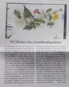 Spende für Skilift, Presseartikel im Lauterbacher Anzeiger vom 4.7.2017. Vielen Dank 